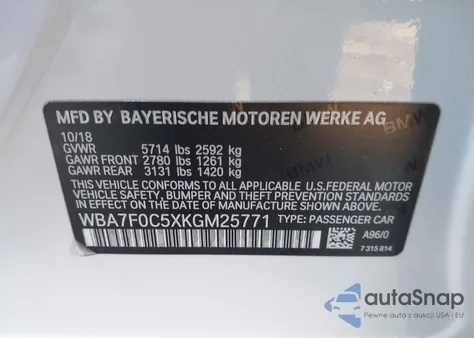 2019 BMW 750I z USA, uszkodzony, nr VIN WBA7F0C5XKGM25771